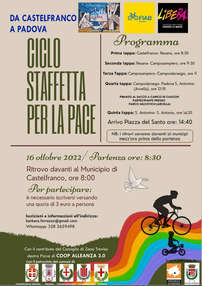 titolo loghi enti partecipanti e immagine di un ciclista che corre su arcobaleno