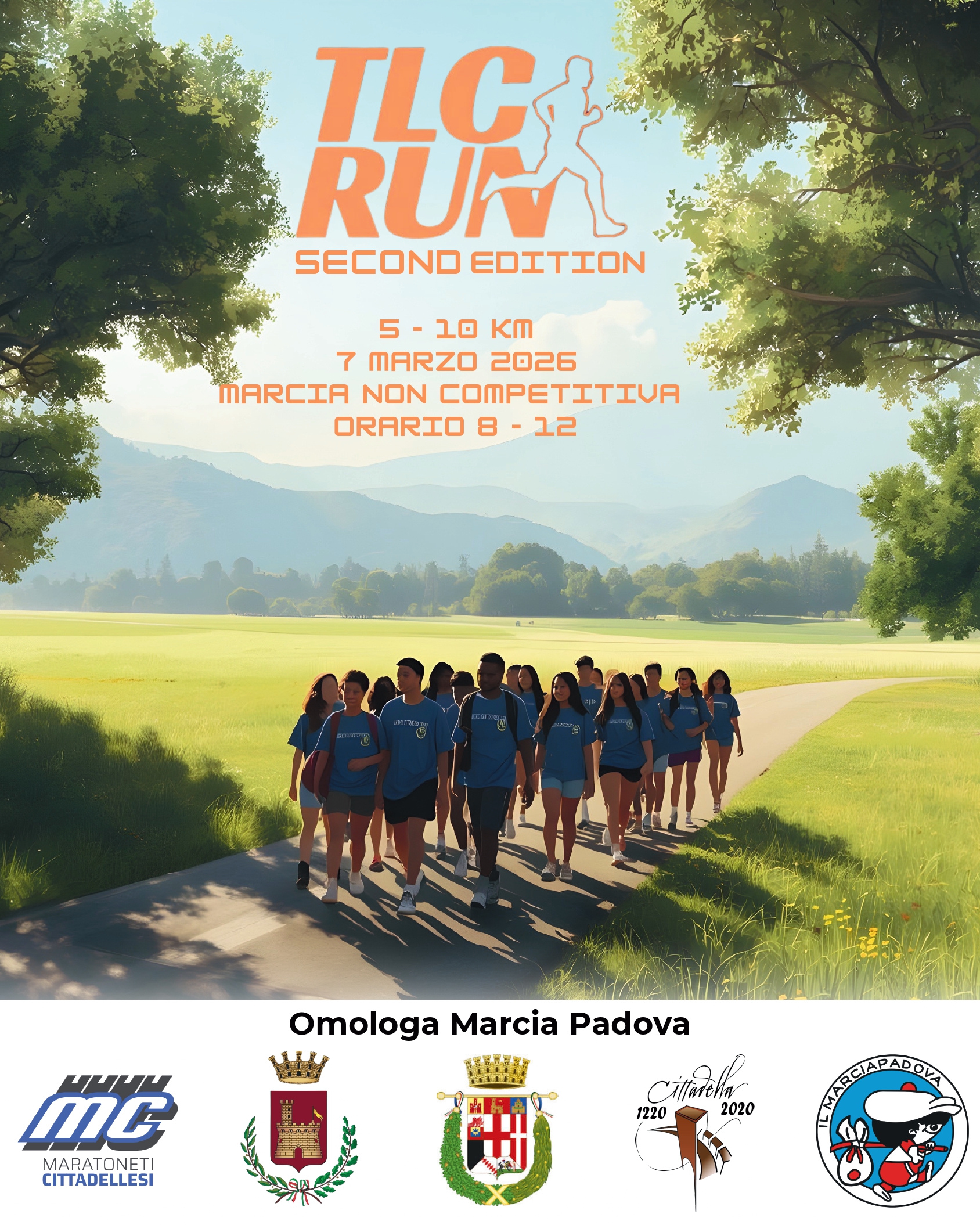 Locandina della TLC Run con gruppo di giovani che cammina in un ambiente naturale