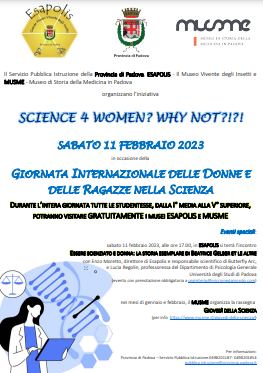 locandina evento science 4 woman con loghi appuntamenti e img scienziata