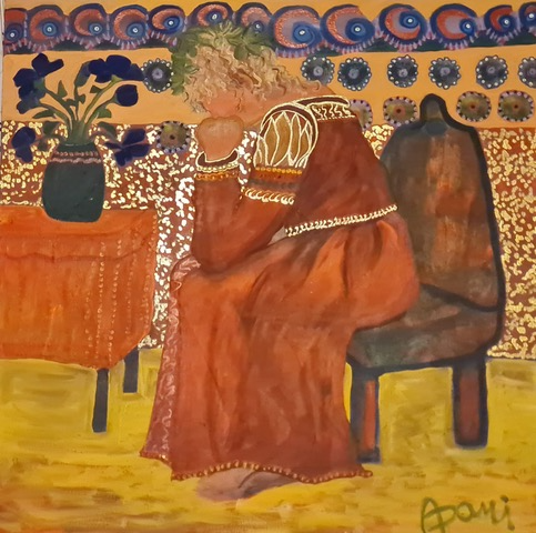 quadro con donna seduta davanti a vaso su tavolo
