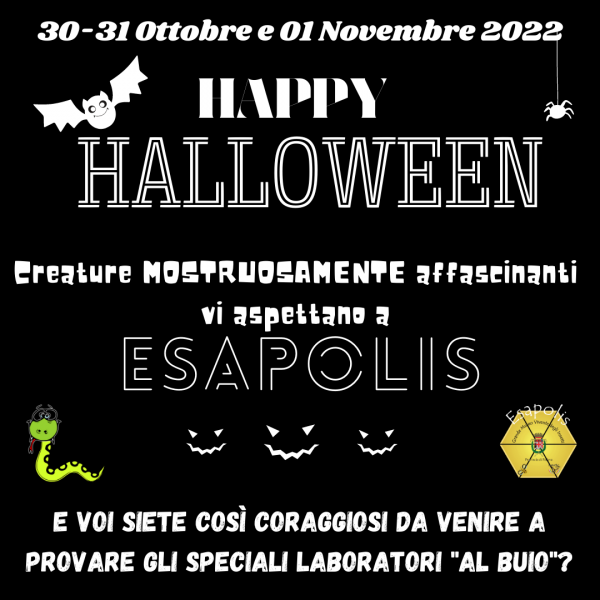locandina esapolis titolo festa e disegni stilizzati in tema halloween