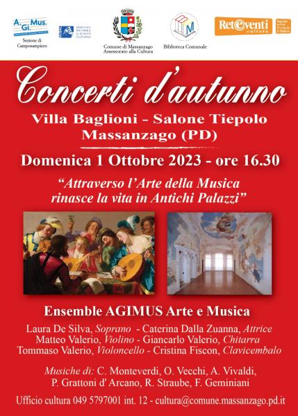 titiolo iniziativa e img di dipinto con musici e foto sala tiepolo di villa baglioni